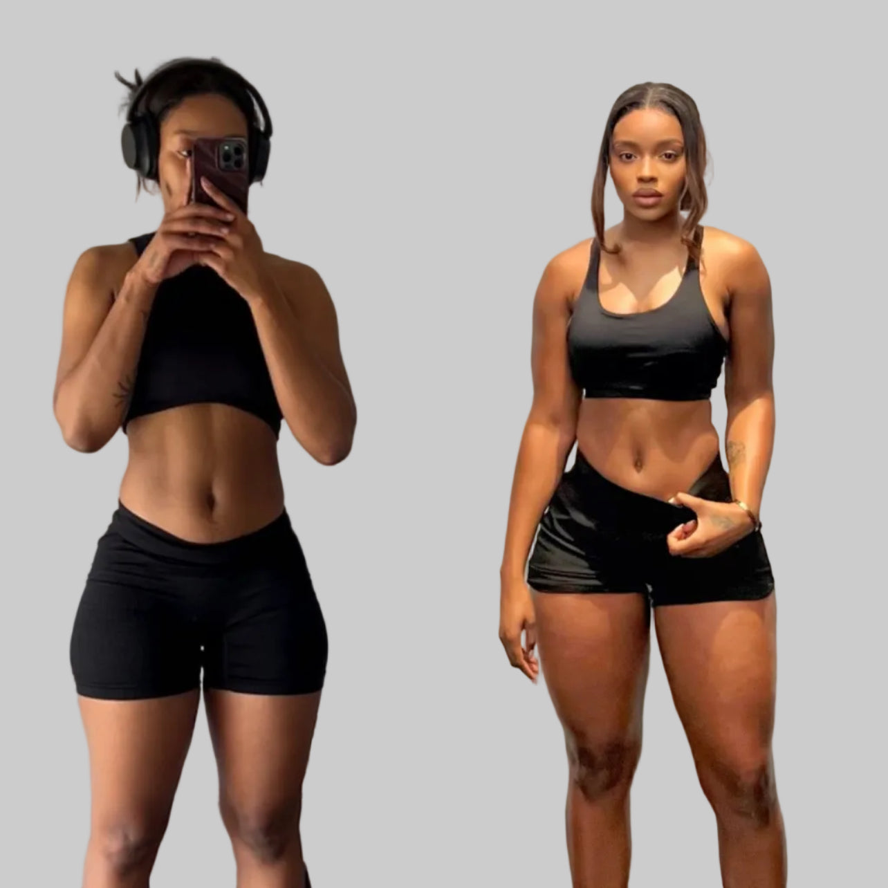 Side-by-side comparison of Amelia in January 2026 and April 2026, showing her fitness progress.